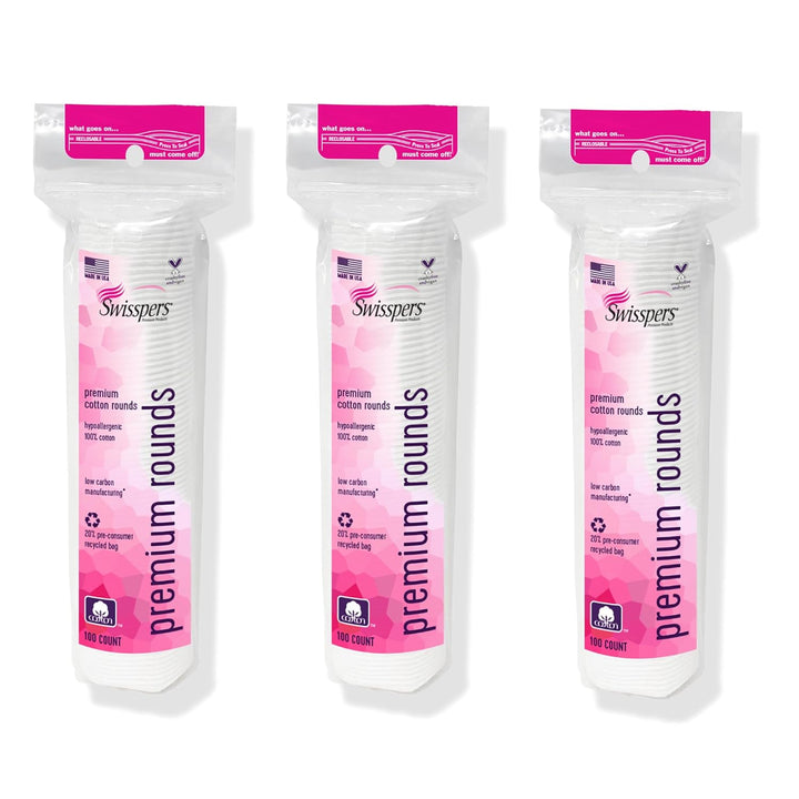 Premium Cotton Rounds - 100% Chlorine Free Cotton Face Pads for Makeup, Nail Polish Removal - Dermatologist Tested and Hypoallergenic, Made in USA - 100 Pads (Pack of 3)