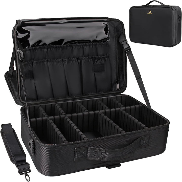 Makeup Case Large Makeup Bag Professional Train Case 16.5 Inches Travel Cosmetic Organizer Brush Holder Waterproof Makeup Artist Storage Box, 3 Layer Large Capacity, with Adjustable Strap
