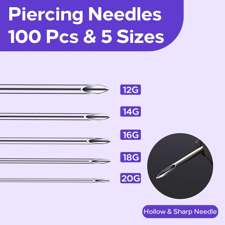 100Pcs Mixed Piercing Needles -  20G 18G 16G 14G 12G Hollow Needles Ear Nose Piercing Needle for Lip Tongue Belly Navel Nipple Professional Piercing Tools