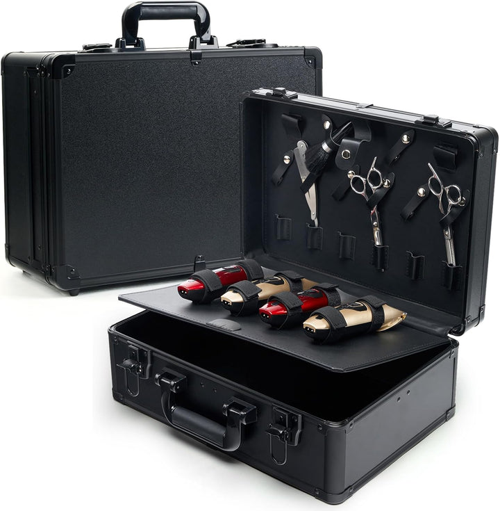 Professional Barber Case with Cap Clear Dustproof, Barber Suitcase 6 Clipper Slots & 8 Shear Holders, 17.13" Portable Aluminum Organizer for Hair Stylists & Pet Groomers