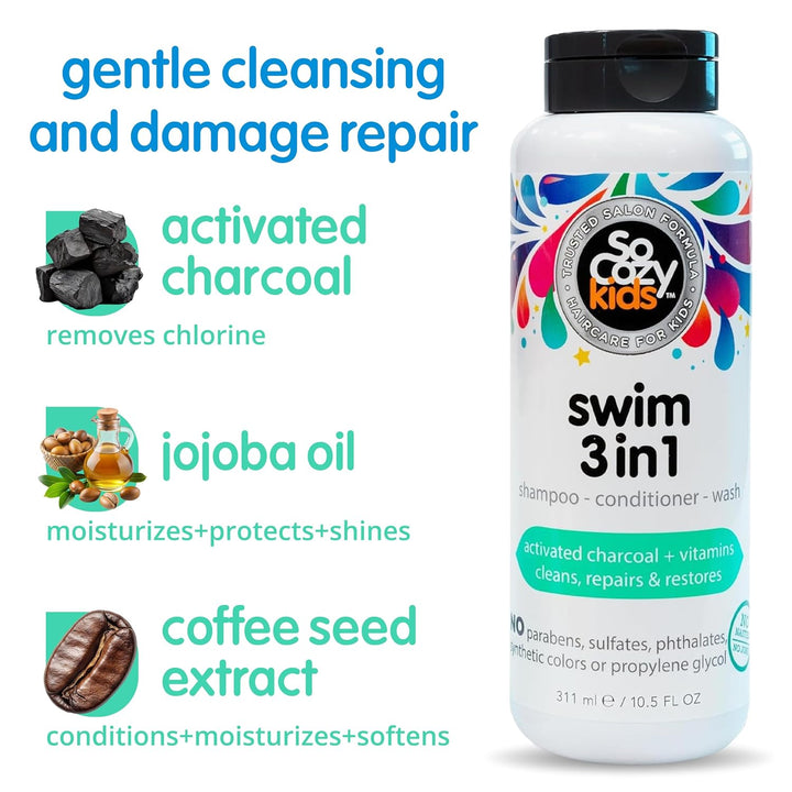 Kids Swim 3-In-1 Shampoo, Conditioner & Body Wash - 3-In-1 Combo Pool Shampoo & Conditioner for Swimmers - Salt & Chlorine Removing Activated Charcoal