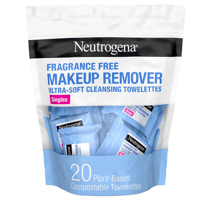 Makeup Remover Wipes Singles, Individually Wrapped, Daily Facial Cleanser Towelettes, Gently Removes Oil & Makeup, Alcohol-Free, 20 Ct