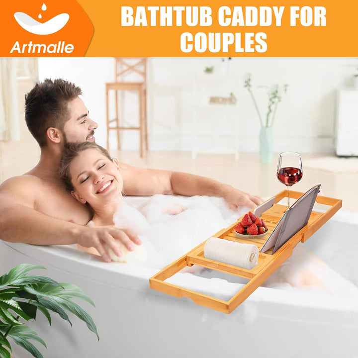 Luxury Bathtub Caddy Tray for Tub - Foldable Bamboo Bath Table Tray with Book and Wine Glass Holder, Expandable Bathroom Accessories for Spa or Reading Lite Style
