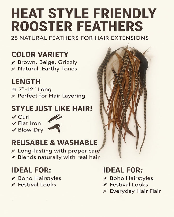Feather Hair Extension – 25 Loose Long Natural Rooster Feathers in Brown, Beige, and Grizzly, All Individual Feathers, Ranging from 6 to 11 Inches in Length