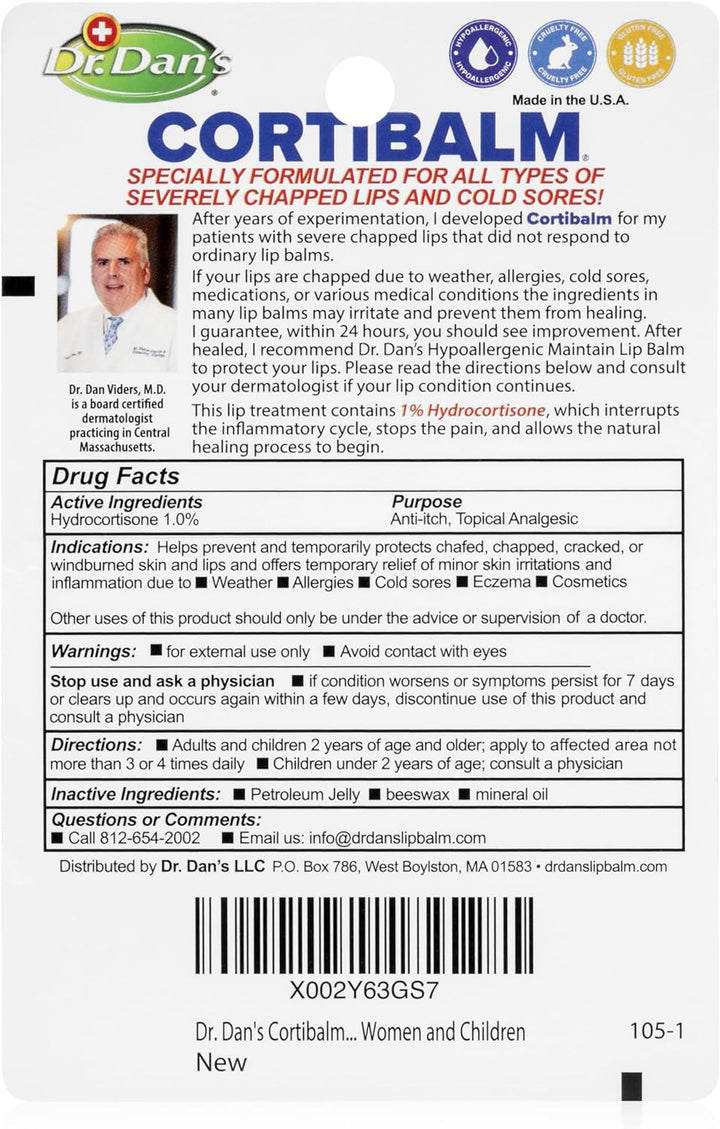 Cortibalm - 1 Pack - for Dry Cracked Lips - Healing Lip Balm for Severely Chapped Lips - Designed for Men, Women and Children