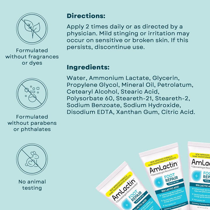 Foot Repair Cream - Therapeutic Foot Cream for Dry Cracked Heels and Feet - No-Scrub Exfoliator and Moisturizer with 15% Lactic Acid AHA - 3 Oz (Packaging May Vary)​