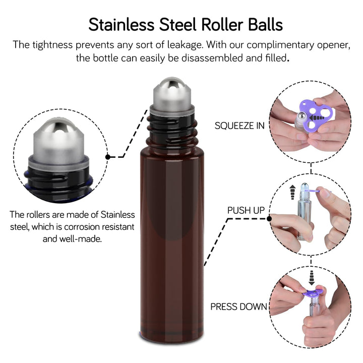 Set of 12, 10 Ml Amber Glass Roller Bottles for Essential Oil with Stainless Steel Roller Ball - Refillable Leak-Proof Empty Roll on Bottles with Black Caps for Travel, Perfume, Lab