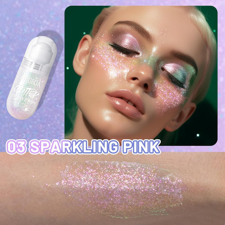 Body Glitter Gel, Roll-On Face Glitter for Mermaid Makeup Festival Rave Accessories, Holographic Hair Glitter Gel,Body Shimmer Halloween Makeup for Rave Party (Sparkling Pink)