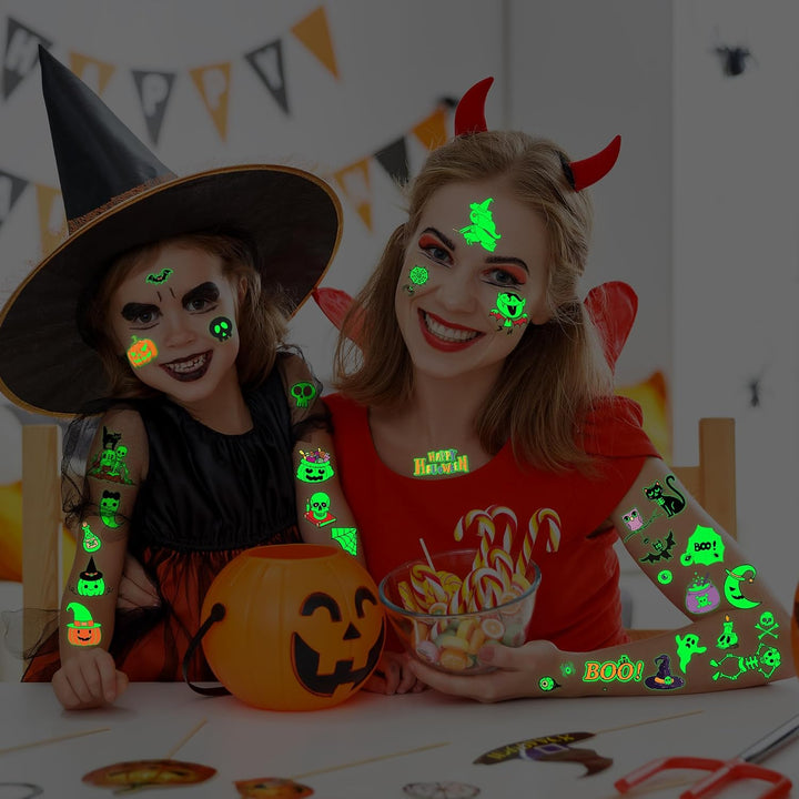 145 Styles Halloween Tattoos for Kids, 12PCS Halloween Luminous Tattoos, Glow in Dark Ghosts Pumpkin Fake Temporary Tattoos Stickers Bulk for Trick or Treat Party Decorations Accessories Supplies