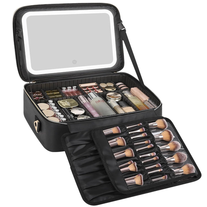 Travel Makeup Bag with LED Mirror, Cosmetic Train Case with Light up Mirror, Portable Makeup Artist Organizer Bag with Adjustable Dividers, Makeup Brush Holder Storage, Black
