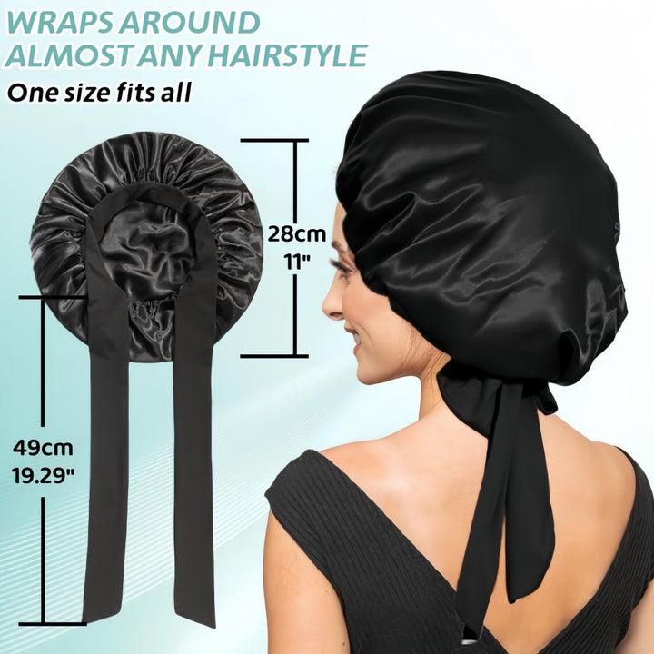 Silk Bonnet for Sleeping Women, Ajustable Hair Bonnet for Curly Hair with Tie Band Shower Caps Black，Large