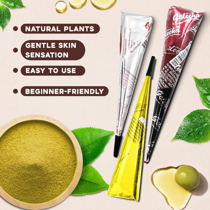 Temporary Tattoo Stencil Kit 10 Sheets, 6 Pcs Tattoo Cones 3 Color (Black/Brown/Cherry Red) with Brush/Cotton Swabstool, India Art Skin Painting Designs for Women Men Kids DIY Gifts