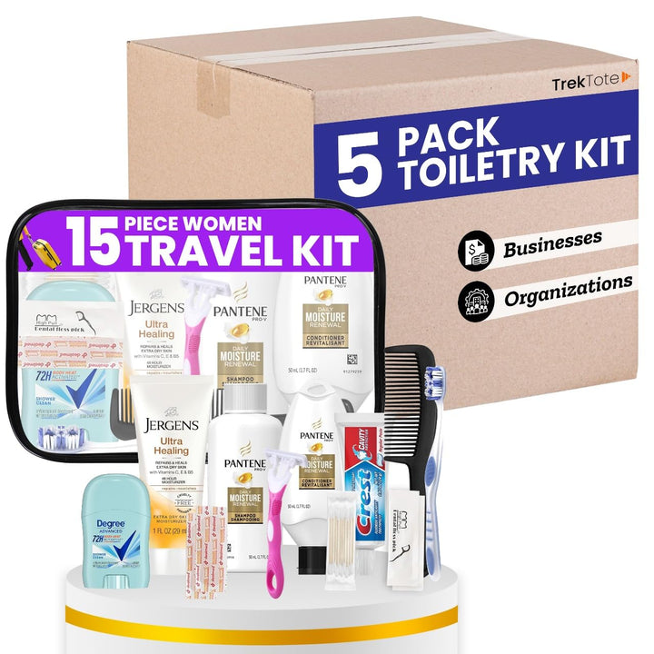 Travel Toiletry Kit for Women – 15 Piece Set of Premium Travel Size Toiletries, TSA Compliant Travel Essentials, Includes Shampoo and Conditioner, Body Wash, Toiletry Bag & More