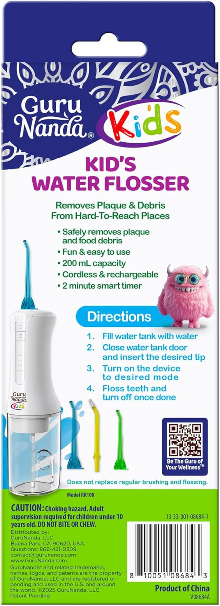 Kids Water Dental Flosser - 4 Flossing Modes, 4 Nozzles, 2-Min Smart Timer, Ages 6+, Monster Frens Theme, Portable Oral Care for Kids