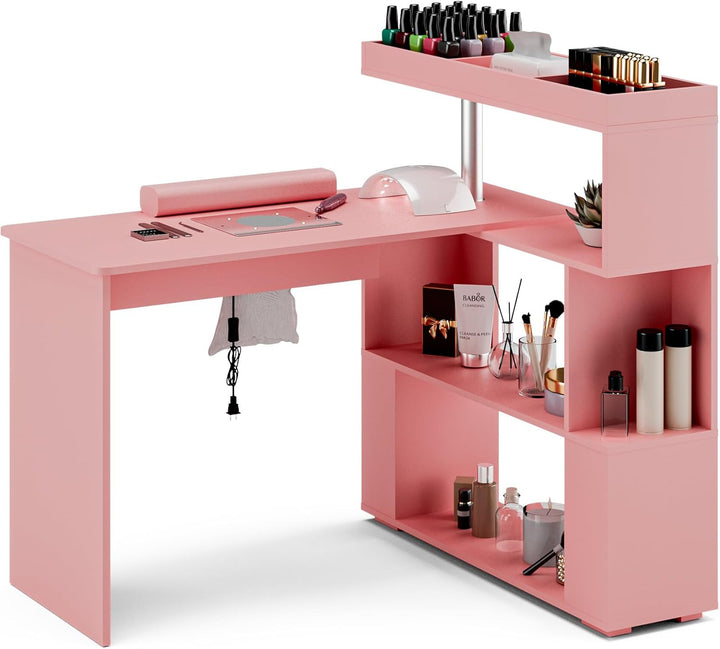 Manicure Table, L-Shaped Nail Tech Desk with Dust Collector, Reversible Rotating Table & Storage Shelf, Acetone Resistant Beauty Salon Station, White