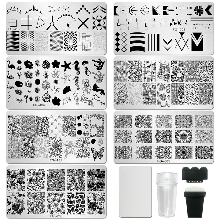 Nail Stamper Kit 7Pcs Nail Stamping Plates Geometric Mandala Flower Nail Stencils with 2 Stamp and 2 Scraper for Home Salon Manicure Design Supplies Tools