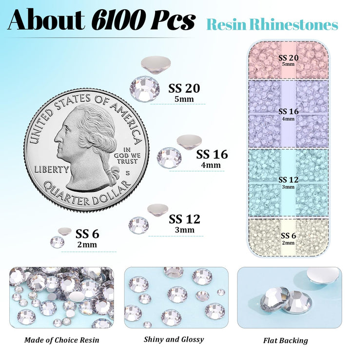6100Pcs Resin Rhinestones for Crafting with 2Pcs 10Ml B7000 Jewelry Glue, 1 Box Flatback Crystals Diamond (Clear) for Bedazzling Crafts DIY Nail Art Non Hotfix Gems for Clothing Shoes Tumblers