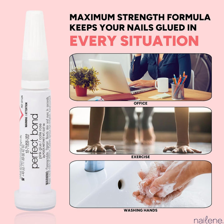 Perfect Bond Nail Glue, Super Strong, Durable, Easy to Apply Acrylic Nails, Press on Nails, Repairs Natural Nails, Quick Drying Nail Adhesive, Lasts 7 Days, Pink Tint, 2 G/0.07 Oz, 2 Pack