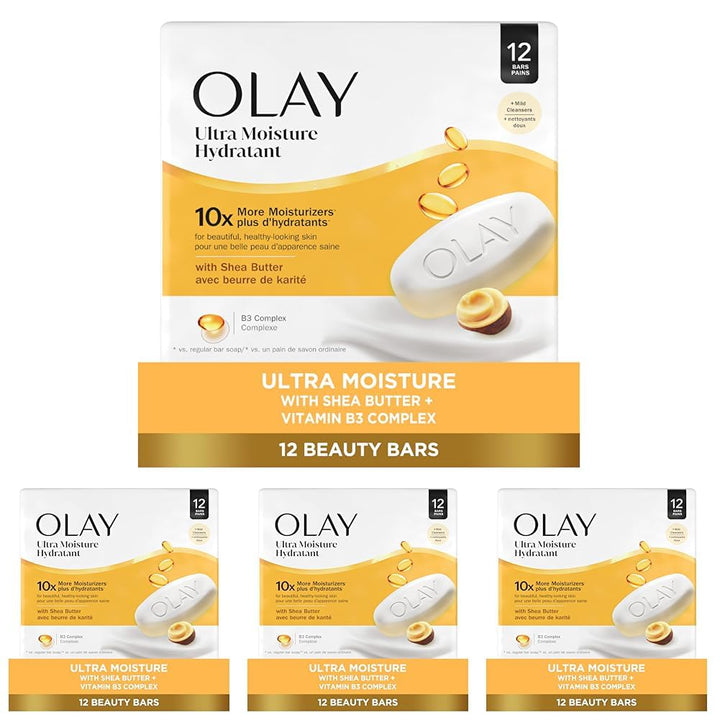 Beauty Bar, Ultra Moisture,10X More Moisturizers, Nourishing Conditioners, Smooth & Gentle on Skin, Vitamin B3 Complex, for All Skin Types, Shea Butter Scent, 3.17 Oz, (Pack of 12)
