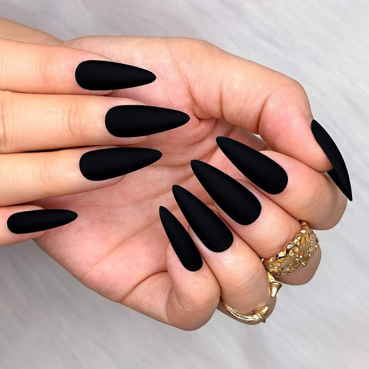 24Pcs Fake Nails Matte Pure Color Medium Long Stiletto Almond Press on Nail False Tips Artificial Finger Manicure for Women (Black)