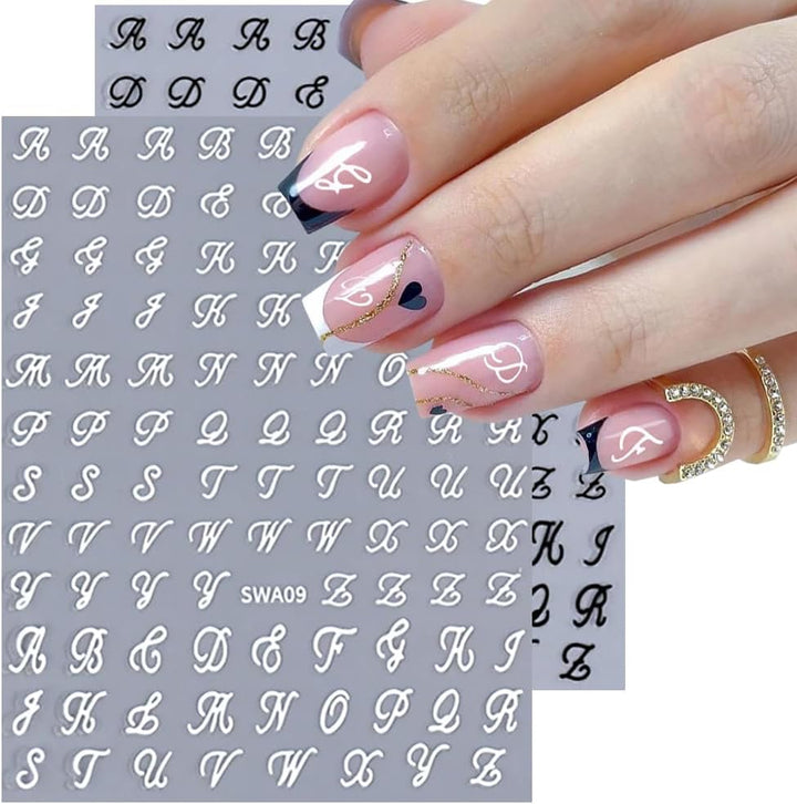 Letter Nail Stickers, 8 Sheets Old English Letter Nail Decals 3D Self-Adhesive Gold Silver Black White Retro English Pattern Old Alphabet Cursive Design Manicure Nail Accessories for Women Girls