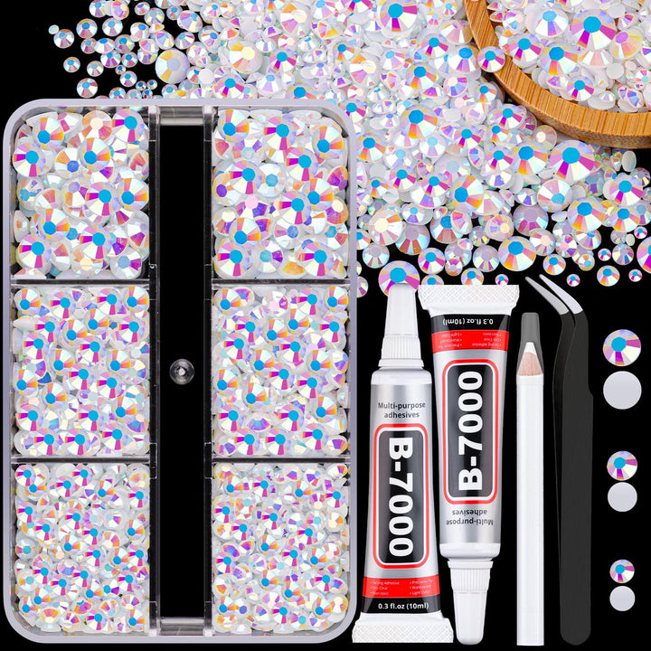 13000Pcs Flatback Pearls for Crafting (White), Assorted Size 2/3/4/5/6/8/10Mm Half Pearl Bead Gems with 3Pcs 10Ml B7000 Jewelry Glue, Bedazzling Kit for Crafts Shoes Graduation Cap Nail Art