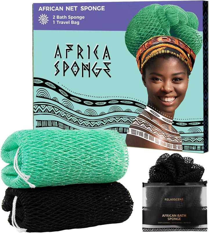 African Net Sponge Authentic - 2 Pieces Loofah Exfoliating Body Scrubber Bath Sponge - Back Scrubber Washcloth for Shower - Real African Scrub Exfoliator Body Care Bathing Accessories for Women