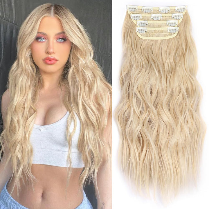 Clip in Long Wavy Synthetic Hair Extension 24 Inch Black 4PCS Thick Hairpieces Fiber Double Weft Hair for Women