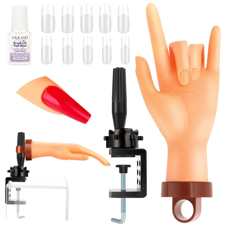 Practice Hand for Acrylic Nails, Flexible Moveable Fake Hands, Manicure Trainng Hand Nail Kit for Beginners, Movable Nail Maniquin Hand with 200PCS Nail Tips, Nail Glues, Brush and Clipper