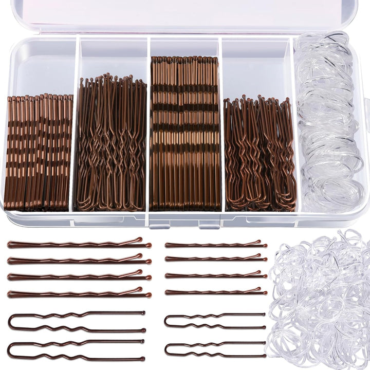 300Pcs Bobby Pins Hair Pins Kit, 100 Hair Pin for Women 100 Bobby Pins Brown and 100 Hair Bands, Hair Pins for Buns 2Inch 2.36Inch 2.75Inch