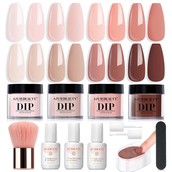 Dip Powder Nail Kit,4 Colors Nude Pink Glitter Hues,Starter Set for French Nails & All Seasons,Includes Base Coat, Top Coat, Activator & DIY Salon Liquids