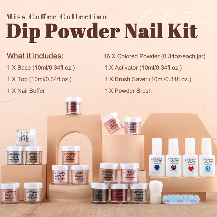 22 Pcs Dip Powder Nail Kit Starter - 16 Colors Nude Pinkish Brown Skin Tone with Base Top Coat, Activator, Brush Saver, Nail Buffer and Powder Brush M960B