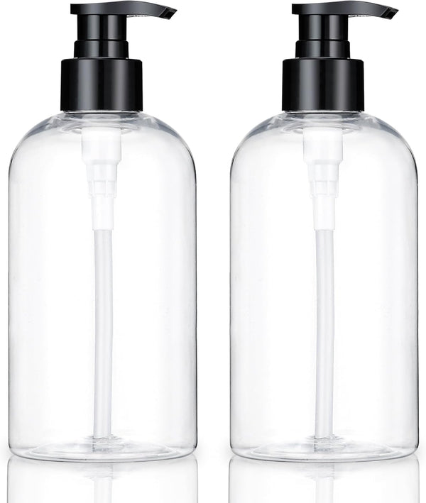 Empty Plastic Pump Bottles Dispenser 2 Pack Clear Refillable Pump Bottle for Shampoo, Liquid Soap, Massage Oil