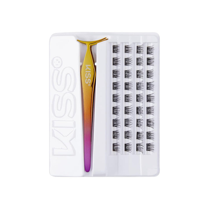 KISS  Falsies Press on Self Adhesive Eyelashes, 12Mm-14Mm Natural Volume Press on Lashes, Black, No Glue Needed, Invisible Band, 20 Lash Clusters & Non-Stick Applicator - Natural