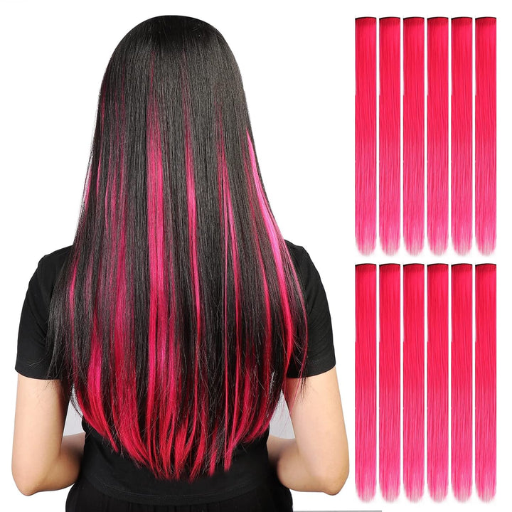 12 Pcs Clip in Hair Extensions, 22 Inch Colored Hair Extensions Party Highlights Long Straight Synthetic Hairpieces for Women Kids Girls (Hot Pink)