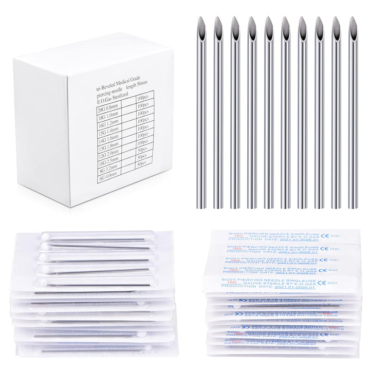 50PCS Mixed Body Piercing Needles, 12G 14G 16G 18G 20G Disposable Sterile Stainless Steel Piercing Needles for Ear Nose Navel Belly Nipple Tongue Lip Piercing