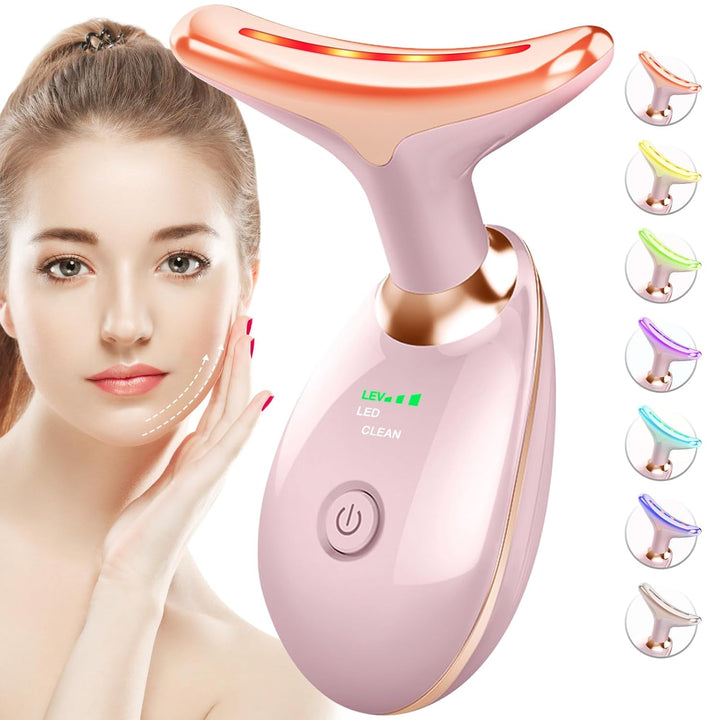Red Light Therapy for Face and Neck, 7 Color Face Massager Tool for Wrinkles, Double Chin, Vibrating Facial Massager with Thermals for Skin Care, Rose Gold
