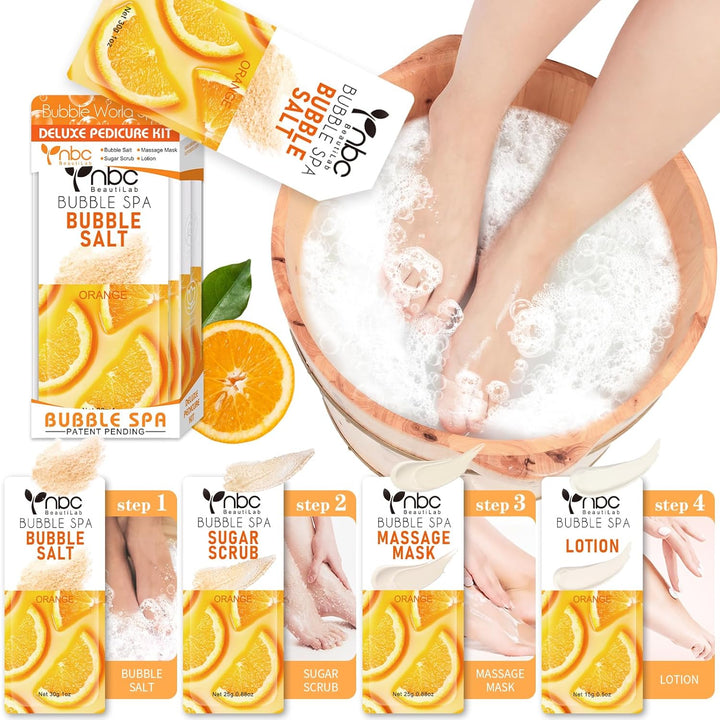 Pedicure Kit Foot Soak Set: Bubble Salt, Sugar Scrub, Massage Mask, Massage Lotion in a Box, 4 Step Foot Spa Kit for Dry Feet,Tired Feet（1 Set Lavender)