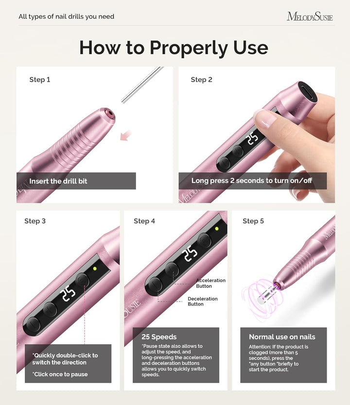 Cordless Nail Drill, PC180G 25,000RPM Rechargeable Electric Nail File with Nail Drill Bits,Sanding Bands