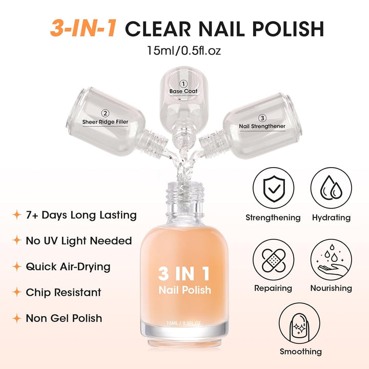 Clear Nail Polish Ridge Filling Base Coat, Nail Strengthener and Growth, Ridge Filler for Nails, Hydrate Strengthen Nourish Damaged Dry Natural Nails, Shea Butter & Vitamin E & Protein Formula