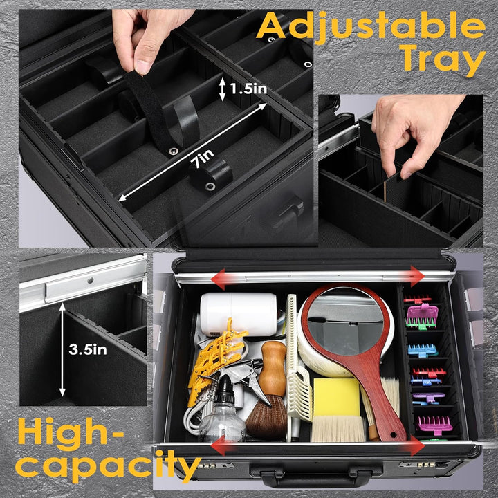 Barber Case with Clippers Sliding Tray, Profesional Barbers Briefcase Tool Case, Barber Cases for Clippers and Supplies, Hair Scissors Trimmer Organizer, Salon Grooming Hard Travel Suitcase