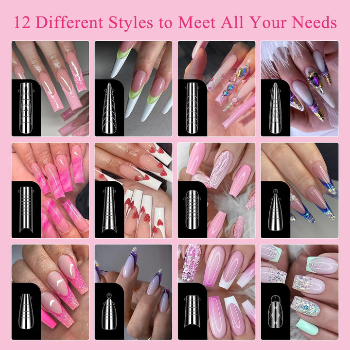 Nail Dual Forms for Poly Gel Set, 12 Styles 12 Sizes Nail Mold Extension Forms, 144Pcs Full Cover False Nail Tips, Duet System with 5Pcs Nail Clips Nail Brush Nail Files Cuticle Trimmer