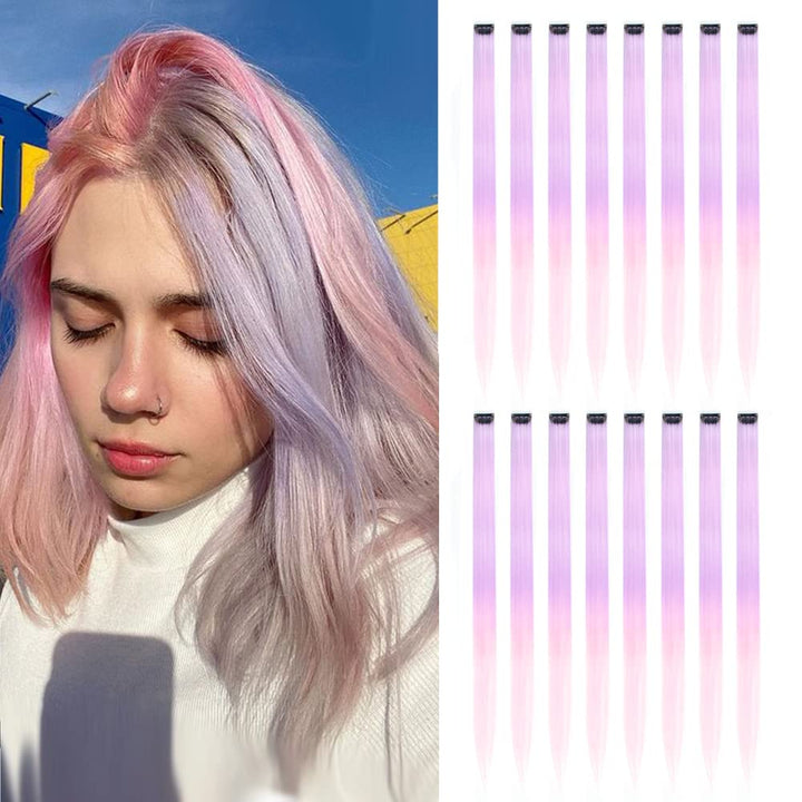 32Packs Colored Hair Extensions 20Inch Straight Color Clip in on Hair Extension Rainbow Party Highlights Synthetic Hairpiece for Girls (16 Colors)