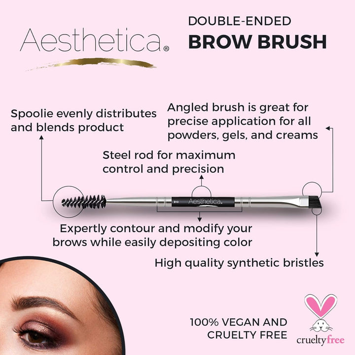Pro Series Double Ended Eyebrow Brush & Spoolie - Angled Brow Brush for Precision Application & Blending of Eye Brow Powders, Waxes & Gels - Vegan & Cruelty Free