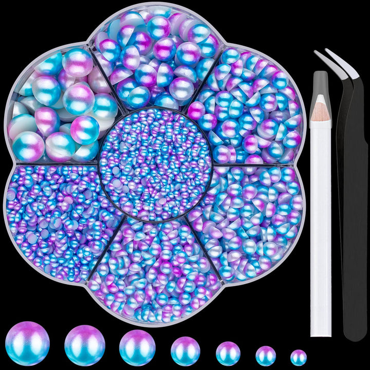 Nail Art Flat Back Half round Pearl Kits 3, Mixed Sizes 6000 Pcs White Small Pearls for Nails with Picking Tools for Graduation Cap Decorations Home DIY Body Face Craft Salon Use