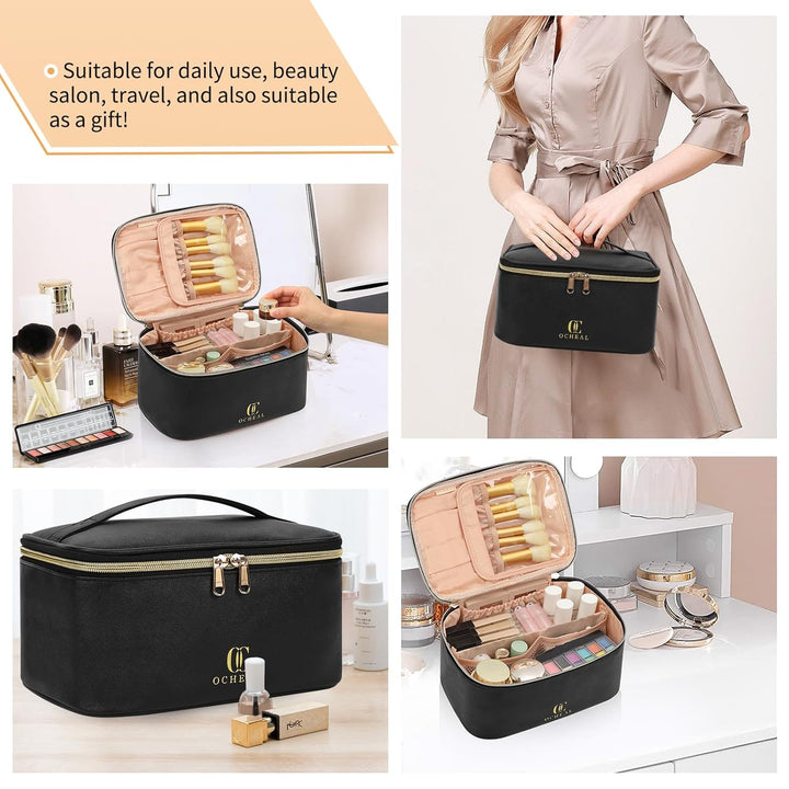 Makeup Bag, Portable Cosmetic Bag, Large Capacity Travel Makeup Case Organizer, Black for Women Toiletry Bag for Girls Traveling with Handle and Divider