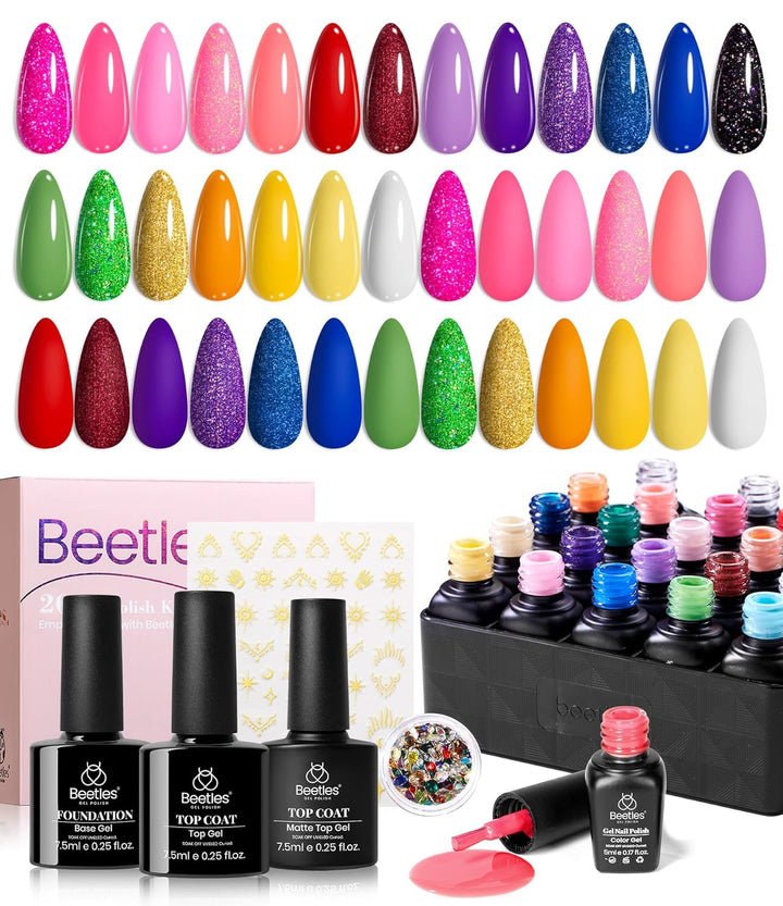 Beetles Gel Nail Polish Kit, 23Pcs Fall Nude Pink Brown Burgundy Red Gel Polish Set with Base Top Coat Verse of Roses Kit, Soak off Uv Gel Golden Glitter Holiday Nail for Women