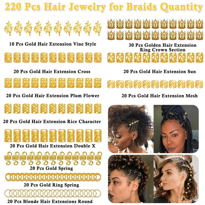 220 Pcs Gold Hair Jewelry for Braids, Loc Jewelry for Hair Dreadlock, Loc Charms for Women, Metal Gold Braids Rings Cuffs Clips for Dreadlock Accessories Clip Braids Extensions Decorations