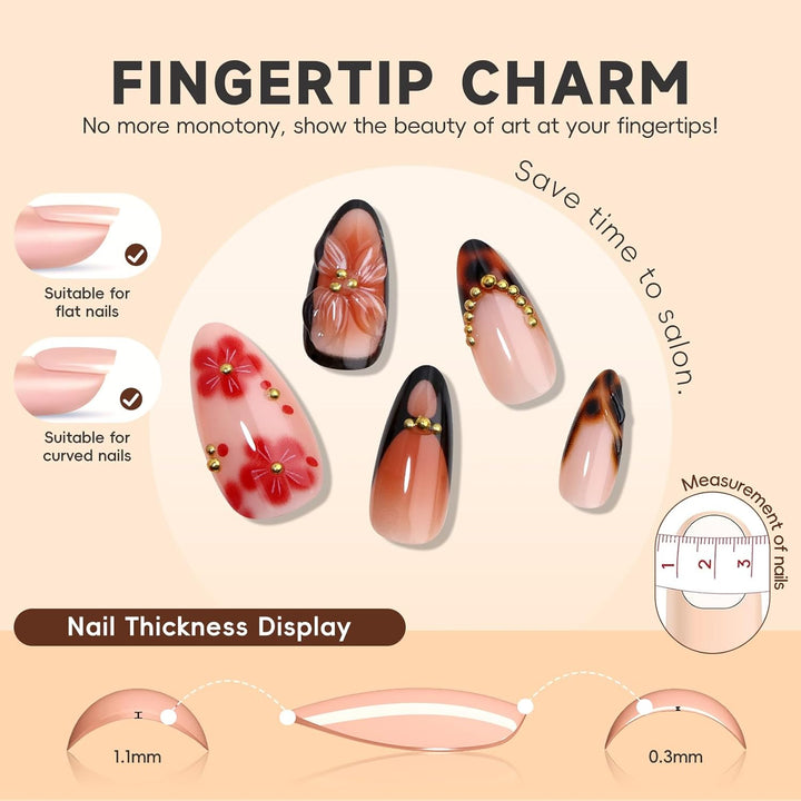 Medium Almond 3D Brown Gold Flower Press on Nails-‎ Tortoiseshell Leopard French Tip Blossom Gradient Design,24Pcs Handmade Fall/Autumn/New Year Glue on Acrylic Fake Nail Press Ons for Women