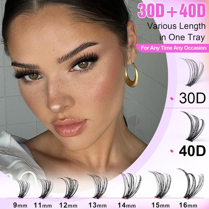 Lash Extension Kit DIY 280Pcs Lash Clusters Eyelash Extension Kit, 9-16Mm 30D 40D Individual Lashes Kit with Lash Bond and Seal, Lash Tweezers for Self Use (30D&40D, 0.07D, 9-16Mm, Kit)